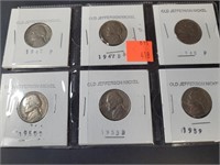 (6) Old Jefferson Nickels 1940 P - 1947 D - 1948