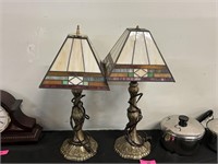 Pair Of Brass Lamps With Slag Glass Shades 21H