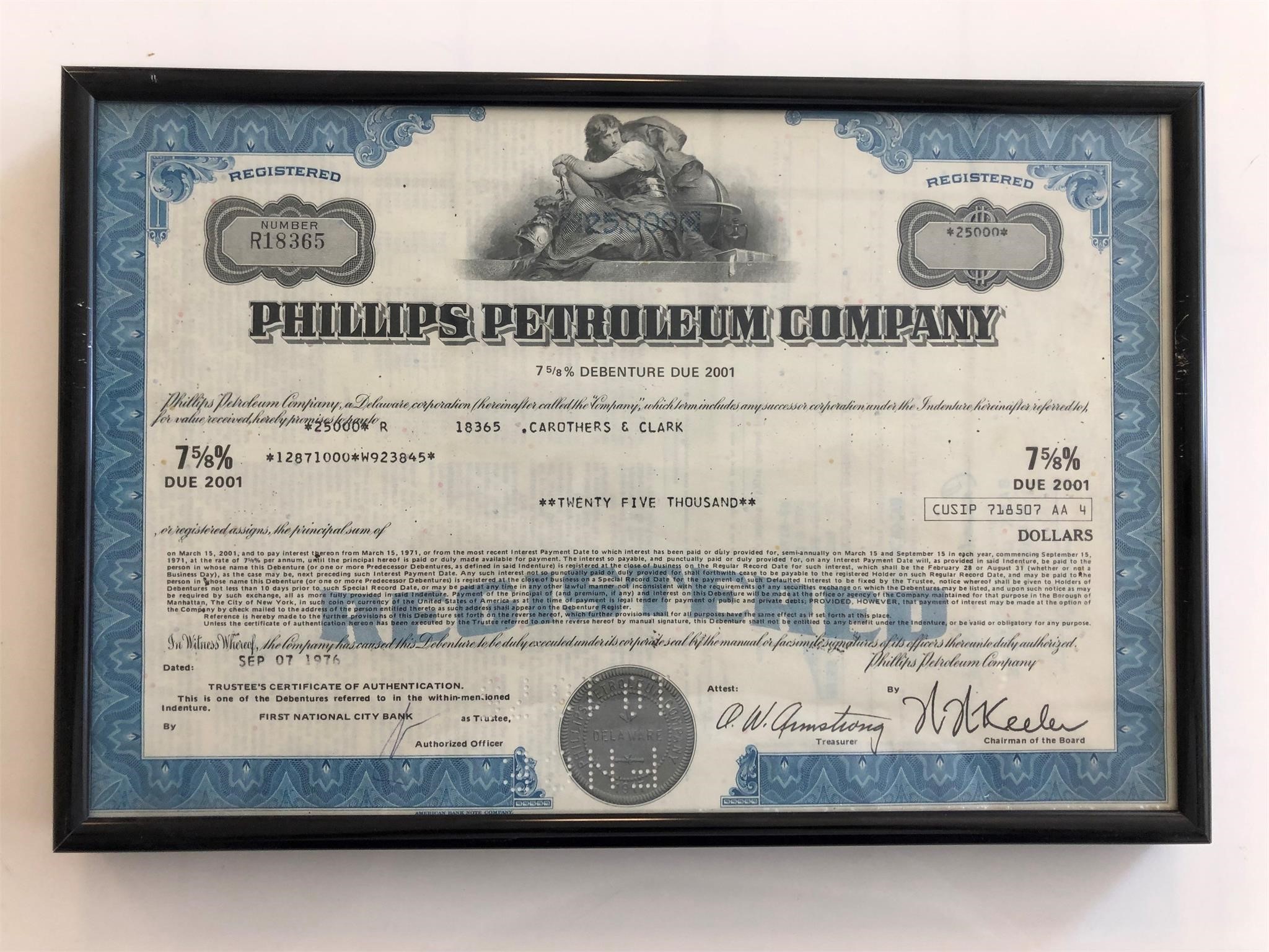 Framed Phillips Petroleum Company Stock Certificat
