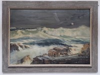 Vintage signed oil painting on canvas seascape