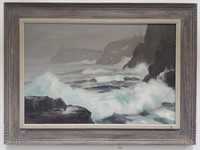 Vintage signed oil painting on canvas seascape