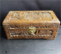 Vintage carved wood lidded box with lockable brass