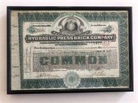 Framed Hydraulic Press Brick Company Stock Certifi