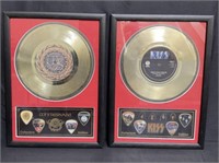 Pair of framed Kiss, Whitesnake memorabilia
