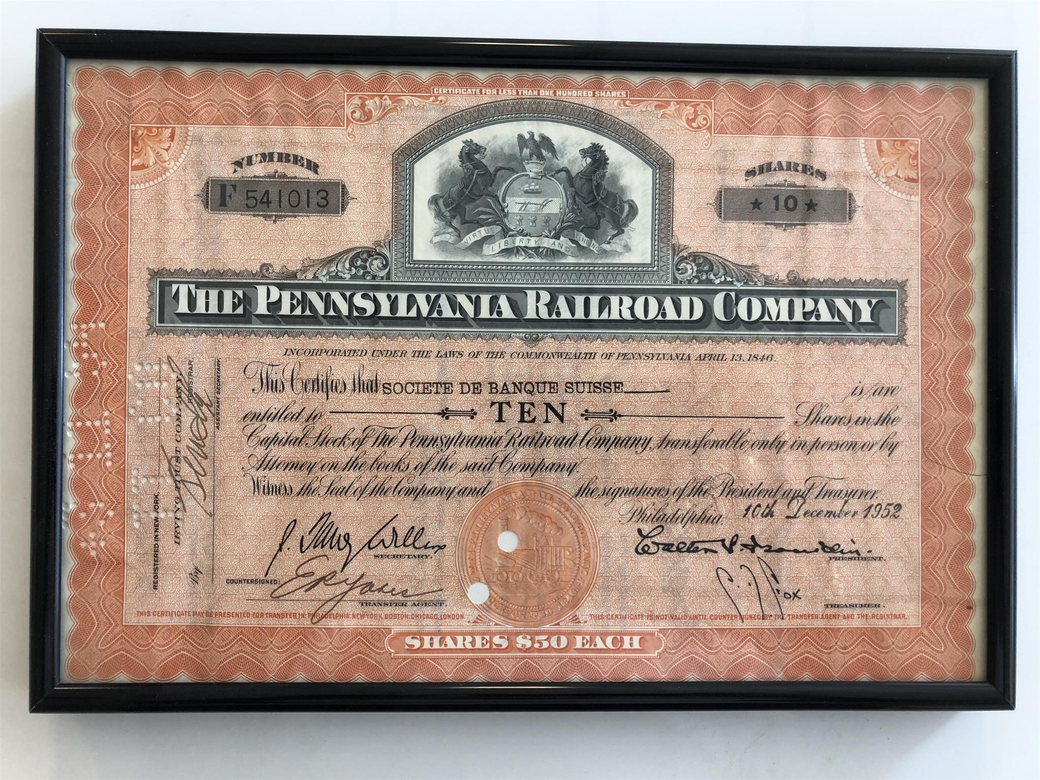 Framed The Pennsylvania Railroad Company Stock Cer