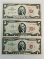 (3) 1963 $2 Red Seal us notes