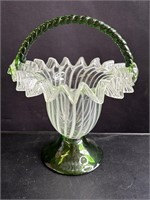VTG Fenton green, handled, ruffled glass basket