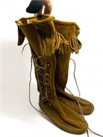 Leather moccasin fringe lace up boots