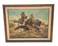 Framed signed Joe Grandee buffalo hunt painting
