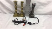 C3) TWO BRASS CANDLESTICKS, 1 ELECTRIC -NEEDS BULB