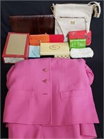 Box of handbags and vintage designer style skirt