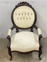 Vintage Wooden Carved Upholstered Arm Chair