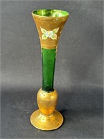 Vintage hand painted green glass bud vase