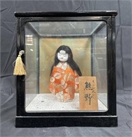 Vintage handmade geisha doll in wood & glass