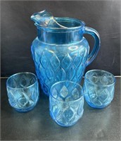 Vintage blue glass pitcher and cups