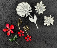 (2) 3 Pc.Sets Vintage Enamel Floral Pin & Earrings