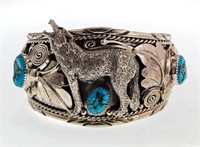 Wolf Motif Navajo Turquoise and silver bracelet