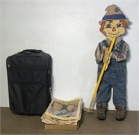 (T)  Vintage Newspapers , Suitcase and Scarecrow