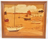 Inlaid wood harbor scene - signed HM 1982