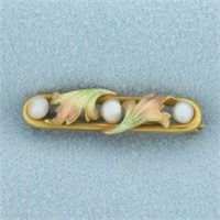Antique Art Nouveau Pearl and Leaf Enameled Pin Br