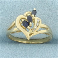 Sapphire and Diamond Heart Ring  in 14k Yellow Gol