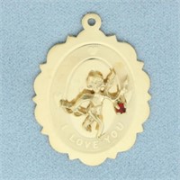 Cupid Ruby I Love You Medallion Pendant in 14k Yel