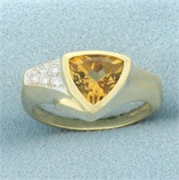 Bezel Trillion Citrine and Diamond Ring in 14k Yel