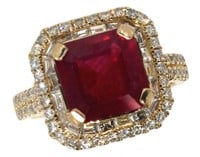 14k Gold 5.04 ct Emerald Cut Ruby & Diamond Ring