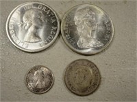 (4) Canadian Silver Coins 1958 Dollar, 1965