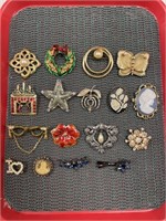 TRAY LOT OF COSTUME JEWELRY PINS & 2 HAIR CLIPS