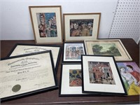 Box lot of religious framed prints and 2 medical