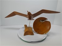 SIGNED WOOD CARVED BIRD IN FLIGHT W/WOODEN BOWL