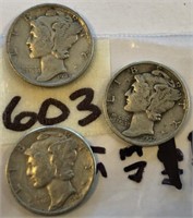 1937,1943,1944 3 Silver Mercury Dimes