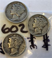 1937-1942,1943 3 Silver Mercury Dimes