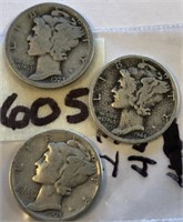 1923,1935,1944 3 Silver Mercury Dimes