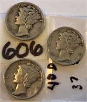 1937,1940D,1943 3 Silver Mercury Dimes