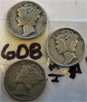 1940,1943,1945 3 Silver Mercury Dimes