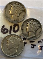 1941,1943,1945 3 Silver Mercury Dimes