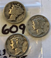 1923,1942,1943 3 Silver Mercury Dimes