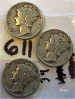 1936,1939,1944 3 Silver Mercury Dimes