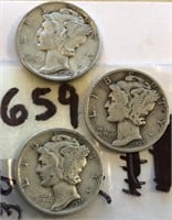 1939,1936,1942 3 Mercury Silver Dimes