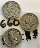 1929,1943,1944 3 Mercury Silver Dimes