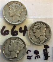 1930,1942,1943 3 Mercury Silver Dimes