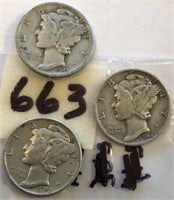 1942,1943,1944 3 Mercury Silver Dimes