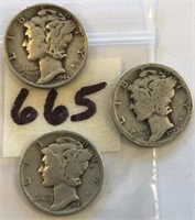 1923,1941D,1944 3 Mercury Silver Dimes