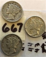 1941,1943,1944 3 Mercury Silver Dimes