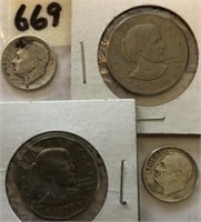2-1979D Susan B Anthony Dollar Coins & 2 Silver