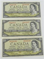 THREE 1954 BANK OF CANADA $20 BANKNOTES