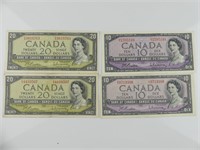 2 EA.- 1954 BANK OF CANADA $20, $10 BANKNOTES