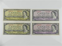 2 EA.- 1954 BANK OF CANADA $20, $10 BANKNOTES
